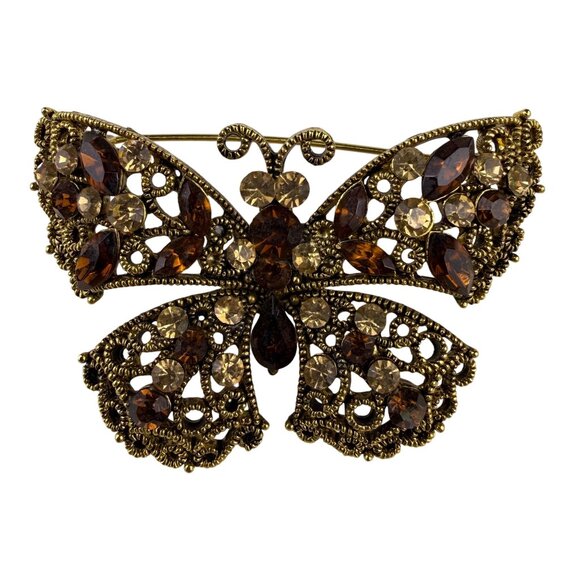 Vintage Ornate Butterfly Rhinestone Brooch Amber & Champagne Crystal Gold Tone - Picture 1 of 4